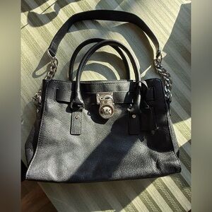 Michael Kors Hamilton Leather Handbag Shoulder Purse Black Silver
